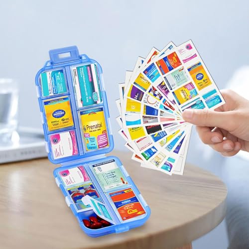 Small Pill Case Travel Pill Box Cute Pill Organizer for Purse Portable Daily Medicine Organizer 10 Compartment Pill Holder for Vitamins (10 Grid Box Blue+med Labels 1pc)