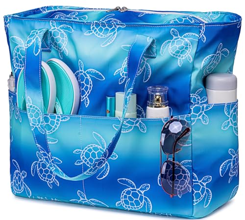 Waterproof Beach Tote Pool Bags for Women Ladies Extra Large Gym Tote Carry On Bag With Wet Compartment for Weekender Travel (Sea Turtle Blue)