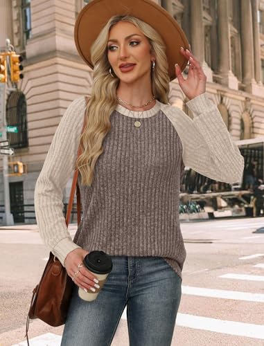 Chocolate Brown Fall Clothes Long Sleeve Shirts for Women Casual Tops Fall Fashion Must Have Sweaters Lightweight Winter Clothes Paneled Apricot (Medium / 08-coffee Apricot)