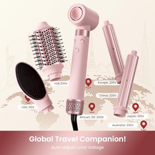 5-in-1 Dual Voltage Hair Dryer Brush for Travel with Storage Bag (Peach Pink)