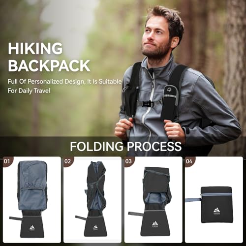 15L Small Hiking Backpack for Men Women Lightweight Packable Backpack Foldable Casual Daypack for Camping Travel Outdoor (Black)