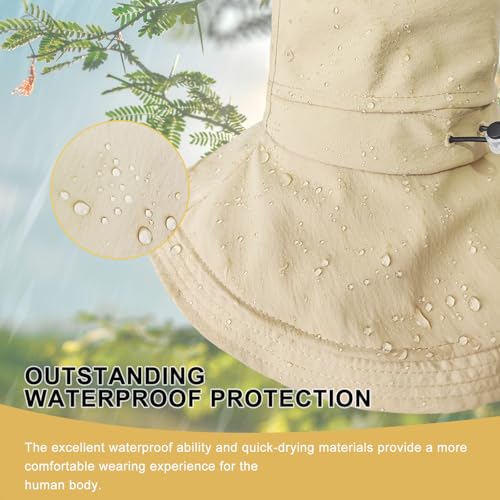 Sun Hats for Women Wide Brim Ponytail UV Protection Beach Hat Packable Waterproof Bucket Hat for Travel Hiking Gardening (Khaki)