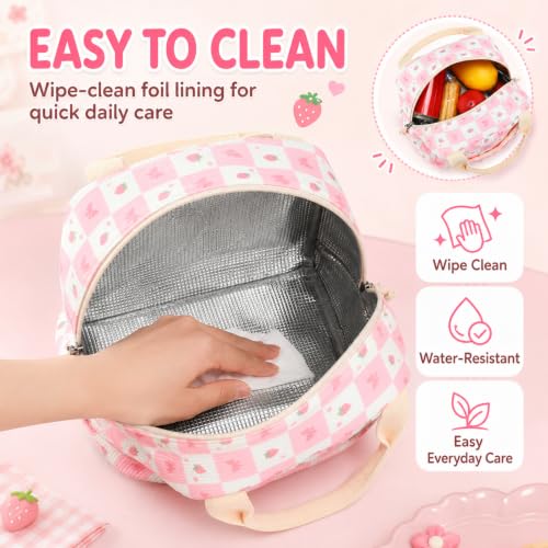 Lunch Bag for Women Cute Corduroy Lunch Tote Bags with Shoulder Strap Reusable Insulated Lunch Box Large Capacity Reusable Insulated Cooler for Work Picnic or Travel (Strawberry Bow 246 / 10L)