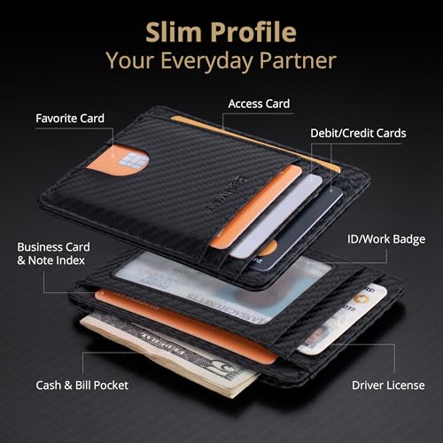 Slim Minimalist Front Pocket RFID Blocking Leather Wallets for Men and Women (Small / Carbon Fiber Black)