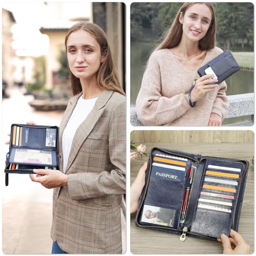 Top Grain Leather Travel Passport Wallet Holder for Man & Woman (For 4 Passports-Zipper Style / Classic-Glossy Blue)