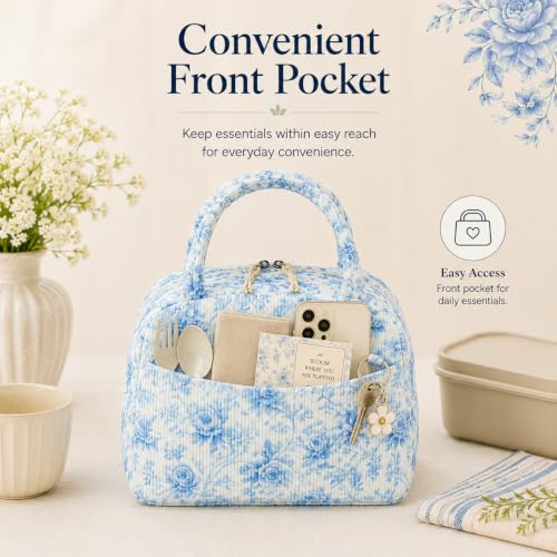 Lunch Bag for Women Cute Corduroy Lunch Tote Bags with Shoulder Strap Reusable Insulated Lunch Box Large Capacity Reusable Insulated Cooler for Work Picnic or Travel (Blue Floral Toile 231 / 10L)