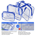 3Pcs Crystal Clear PVC Travel Toiletry Bag Kit for Women Men (1 Large, 1 Medium, 1 Small-Blue / 3 Piece Set)