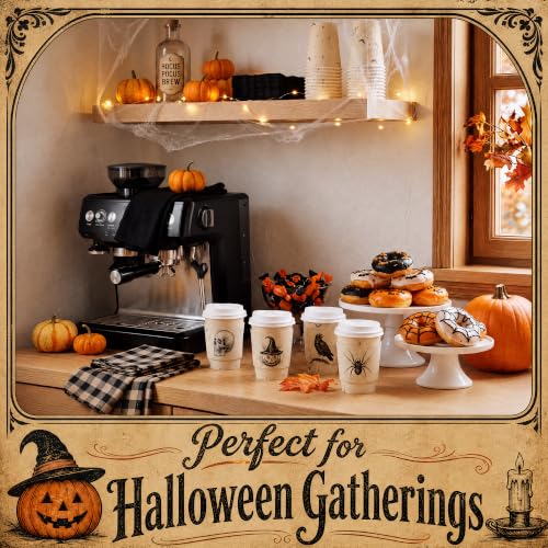48 Sets 8 oz Halloween Disposable Coffee Cups with Lids and Sleeves (Spider)