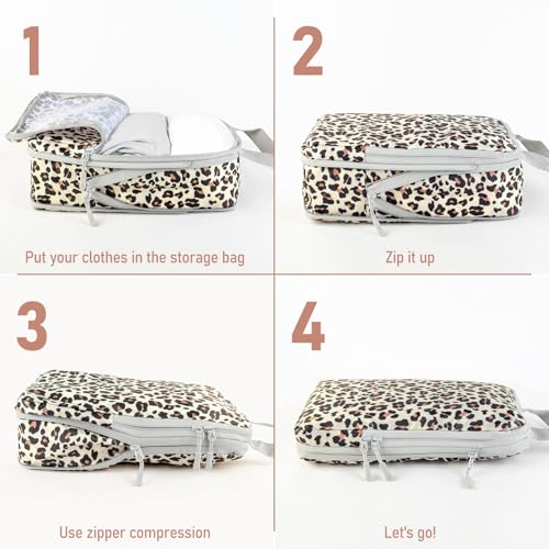 4 Set Compression Packing Cubes For Travel Bags Organizer For Luggage Suitcase Organizer (Brown Leopard / Set of 4)