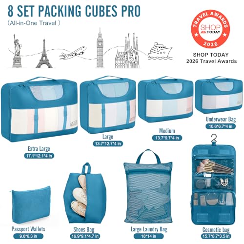8 Set Packing Cubes for Travel Essentials (15 Ocean Blue)