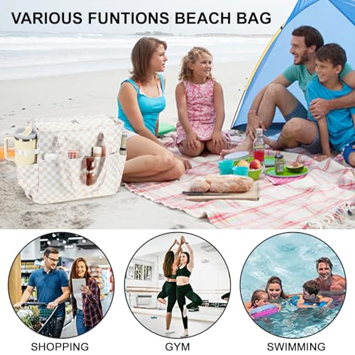 Waterproof Beach Tote Pool Bags for Women Ladies Extra Large Carry On Bag With Wet Compartment for Weekender Travel (Light Brown Checkered)