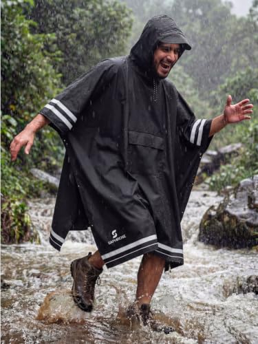 Adult Rain Poncho Waterproof Hooded Raincoat Lightweight Packable (One Size / Black03 (With Reflective Stripes))