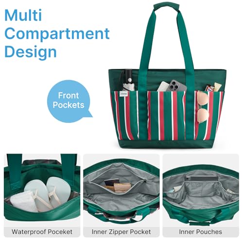 Beach Bag Waterproof Beach Tote Pool Bags for Women (Red Green White Stripes / 35L)