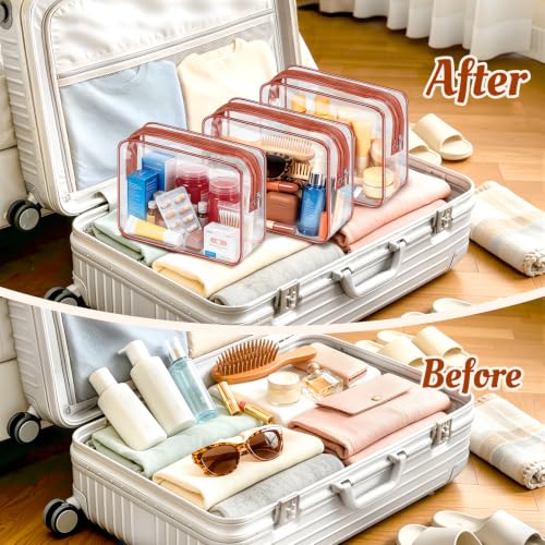 16 Packs Clear Makeup Bags Cosmetic Zipper Pouches Waterproof TAS Approved Toiletry Bags PVC Organizer Storage Case for Vacation Travel Bathroom（Brown (16pcs Brown M)