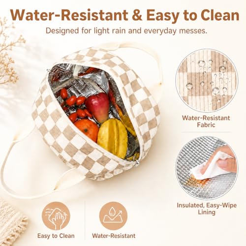 Lunch Bag for Women Cute Corduroy Lunch Tote Bags with Shoulder Strap Reusable Insulated Lunch Box Large Capacity Reusable Insulated Cooler for Work Picnic or Travel (A Corduroy checkered brown / 13L)