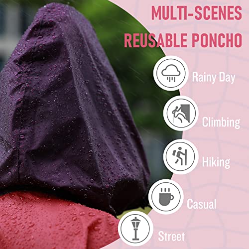 Adult Rain Poncho Waterproof Hooded Zipper Raincoat with Pockets (One Size / Gradient Burgundy)