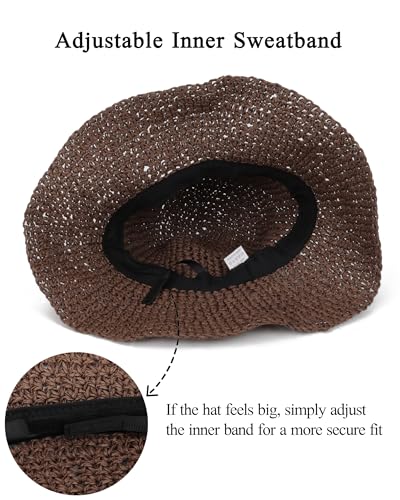 Womens Crochet Straw Sun Hat Foldable Floppy Wide Brim Beach Hat for Summer (One Size / Coffee)