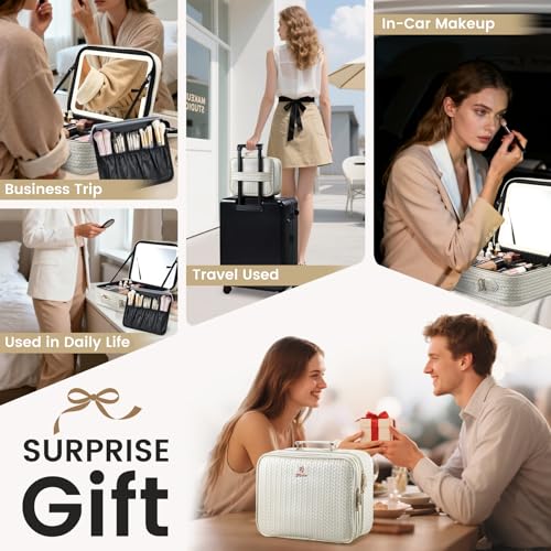 Makeup Bag with LED Lighted Mirror 12.2 IN Cosmetic Train Case Double Layer Makeup Case Adjustable Brightness in 3 Colors Cosmetic Organizer Artist Storage with Brush Holder Vanity Beige (12.2 Inch Beige / 0-Double Layer)