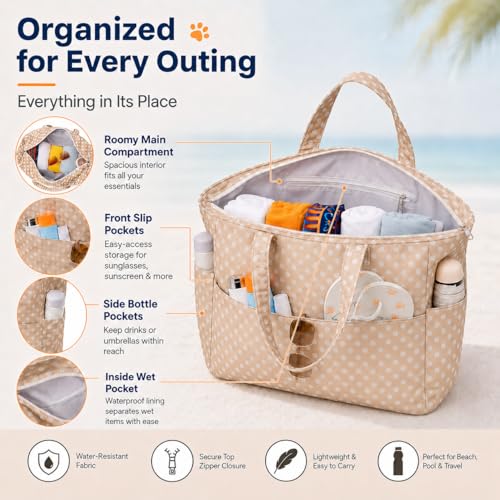 Waterproof Beach Tote Bag for Women Girls with Zipper Foldable Sandproof Pool Swim Bag Travel Carry On Gym (Khaki White Dotted)