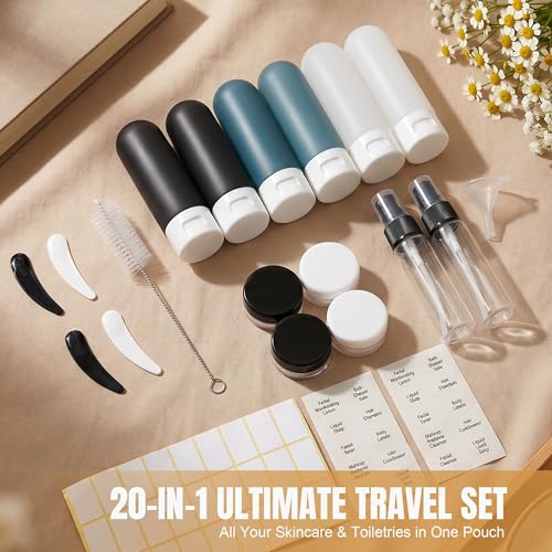 20 Pack Travel Bottles Set for Toiletries (dark blue & black & white)