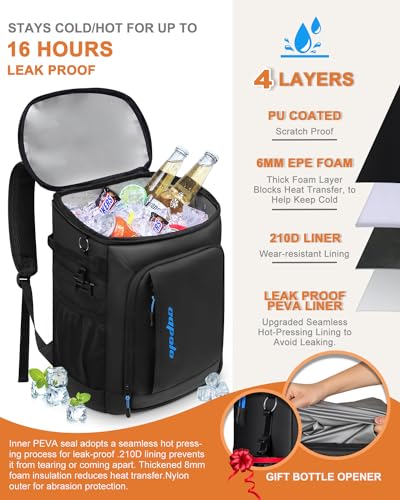 Cooler Backpack Insulated Leak Proof for Women Men Soft Cooler Bag (45 Cans / Deep Black Leather)