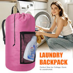 Laundry Backpack Portable Travel Laundry Bags with Straps and Mesh Pocket (Pink / 1 Pack)