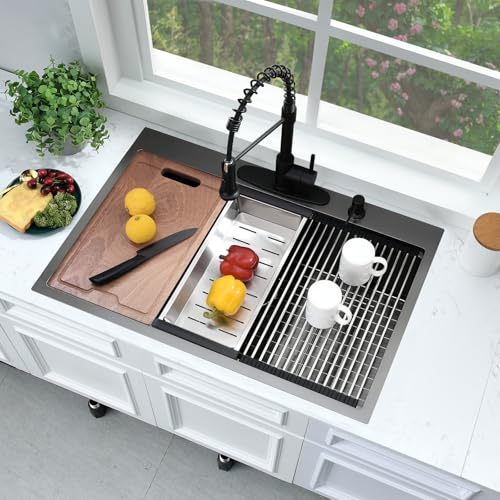 33x19 Drop In Kitchen Sink Workstation (33"L x 19"W x 10"D / Black)