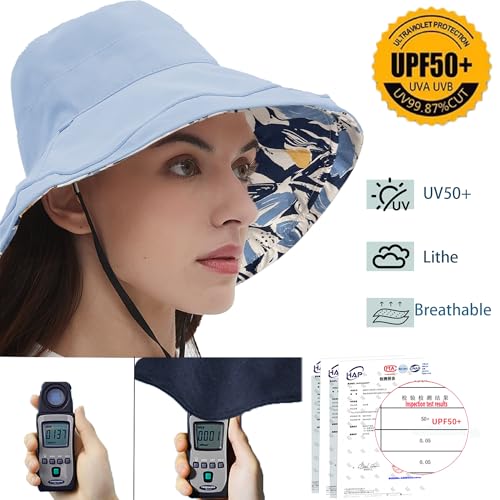 Womens Sun Hats Wide Brim Reversible Bucket Cotton Hat Packable Summer Travel Cap with Hat Clip (Medium / Blue2)