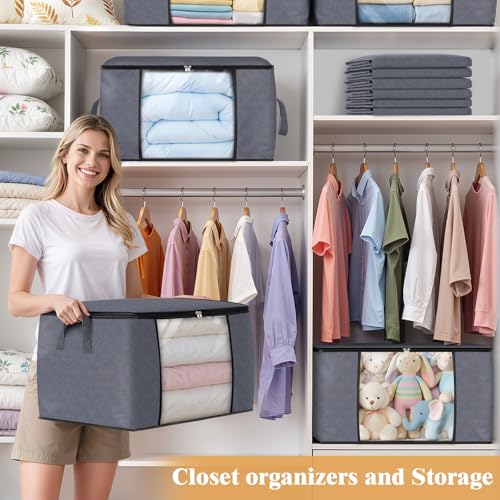 6 Pack Storage Bags for Clothes Blanket Storage Bins with Lids (6 Pack-60l / Grey)