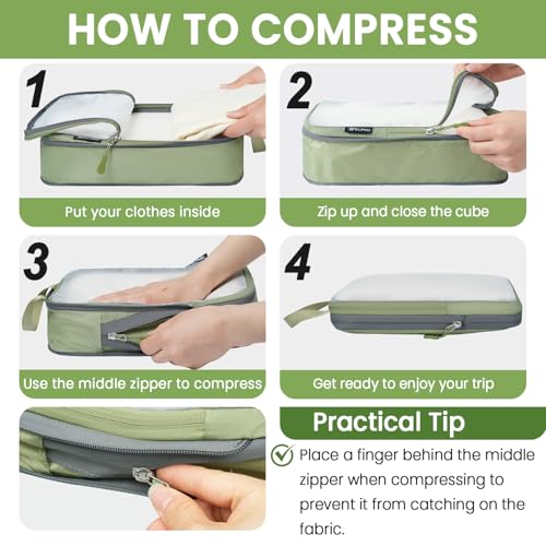 6 Set Ultralight Compression Packing Cubes Packing Organizer for Travel Accessories Luggage Suitcase Backpack (Matcha Green70D / Mesh Pattern)