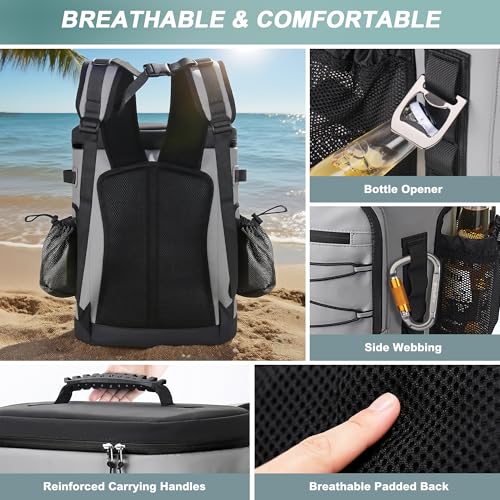 Large 52 Can Insulated Waterproof Leakproof Cooler Backpack (Grey, Black Zipper)