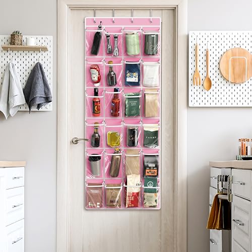 24 Pockets Large Clear Over the Door Shoe Organizer (Extra Large Pockets / Pink)