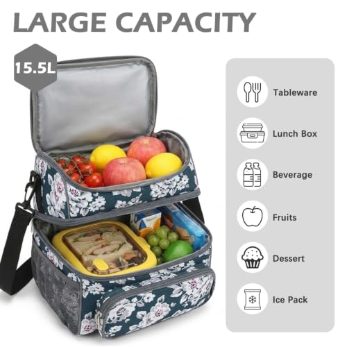 Double Layer Cooler Insulated Lunch Bag Adult Lunch Box Large Tote Bag for Men (Plum)