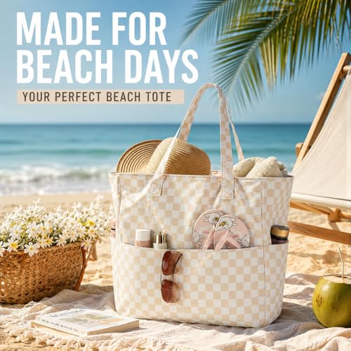 Beach Bag Waterproof Sandproof Women Beach Tote Pool Bag with Zipper for Gym Grocery Travel with Wet Pocket (Khaki White)