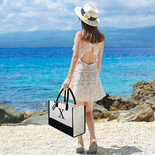 Embroidery Initial Canvas Tote Bag (Black & White / X)