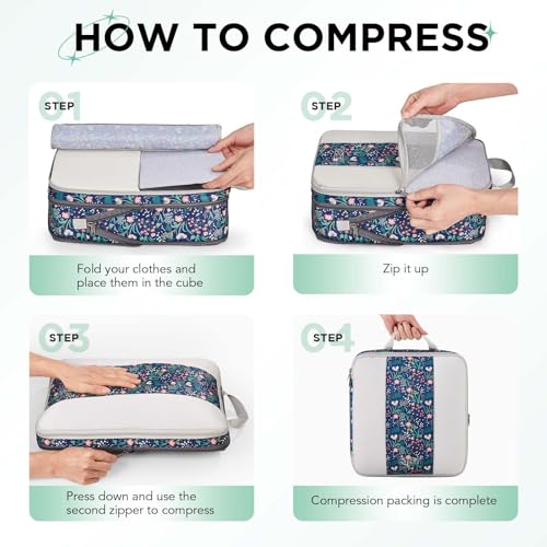 6 Set Compression Packing Cubes for Travel Essentials (Dark Blue Floral)