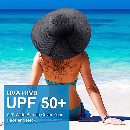 Womens Sun Straw Hat Wide Brim Summer Hat Big Floppy Foldable Beach Sun Hats UPF 50+ (A Black 5.9" Brim, 1 Pack)