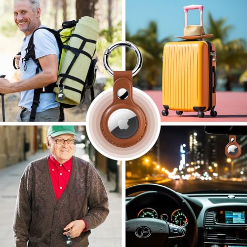 4 Pack Leather Holder Keychain for AirTag 2nd & 1st Gen with Key Ring (Dark Blue/Green/Brown/White)