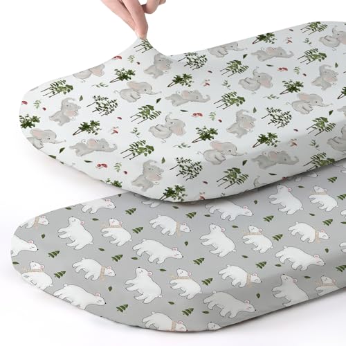 Stretch Fitted Bassinet Sheet Set BROLEX 2 Pack Cradle Sheets for Bassinet Pad (Elephants Bears / 32x16 Inch)