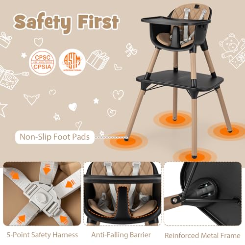 6-in-1 High Chair, Convertible Highchair for Babies and Toddlers/Kids Chair Table Set/Infant Feeding Chair w/Safety Harness, PU Leather Cushion & Removable Food Tray (Coffee) (Coffee)