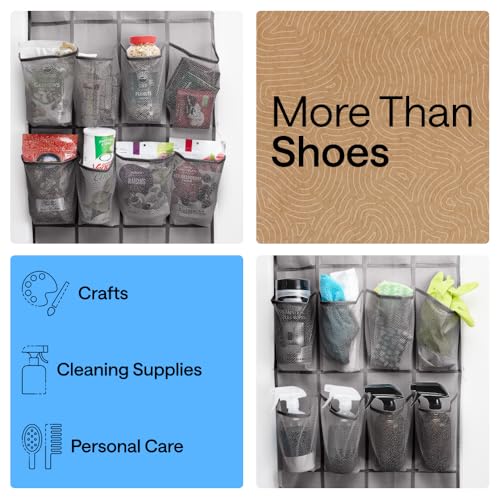 Over the Door Shoe Organizer (Grey / 24 Extra Large Pockets/4 Hooks)