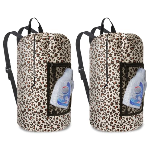 Laundry Backpack Portable Travel Laundry Bags with Straps and Mesh Pocket (Leopard Print / 2 Pack)