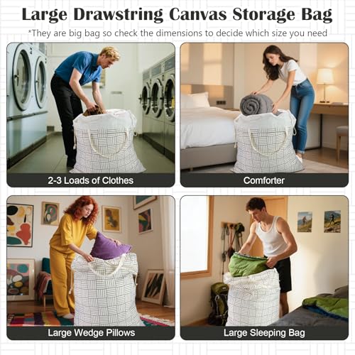 Canvas Laundry Bag with Handles & Drawstring 30"Wx35"H (Geometry Grid L+ / L+ 30"Wx 35"H┃1 Pack)