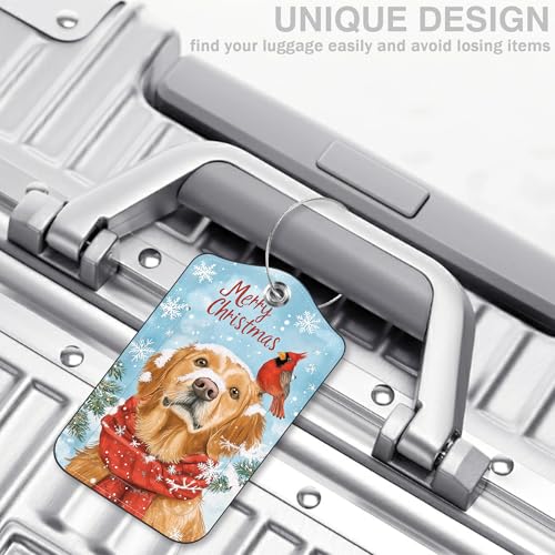Set of 2 Christmas Dog and Red Cardinal Luggage Tags for Suitcases Leather Suitcase Tags Identifiers with Privacy Name Address Label and Stainless Steel Loop for Women Men Travel Luggage Accessories (Christmas Dog and Red Cardinal)