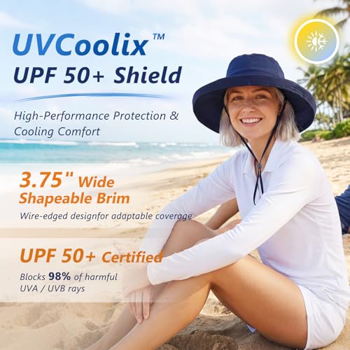 UVCoolix Women's UPF 50+ Wide Brim Cooling Sun Hat (Medium-Large / Navy)