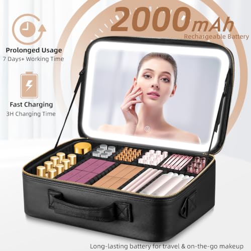 Professional Makeup Bag with LED Mirror (Black-Large / Hook&loop Detachable)