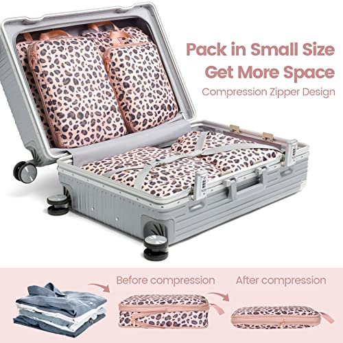 Compression Packing Cubes for Travel (10 Leopard Print Rose Gold / 6-Piece Set)