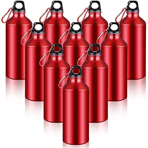 10 Pcs Aluminum Water Bottle 20 oz Reusable Bottles Lightweight Leak Proof Aluminum Sports Travel Bottles with Twist Cap Buckle for Gym (Red)