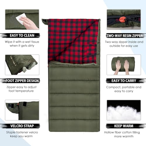0 Degree Sleeping Bag Cotton Flannel Winter Cold Weather for Adults XXL Sleeping Bag 4 Season Big and Tall with Pillow Compression Sack (GREEN)
