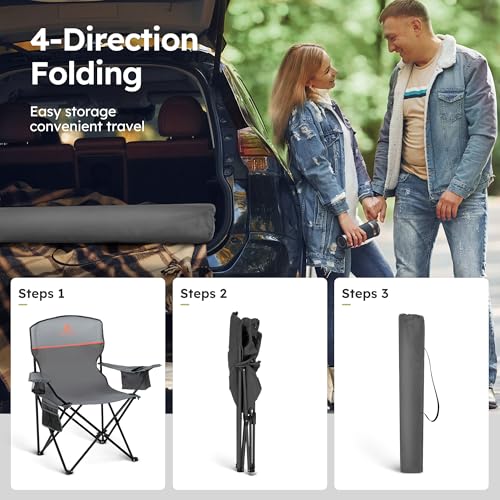 2 Pack Folding Camping Chair with Cooler Bag & Lumbar Support (Light Gray)